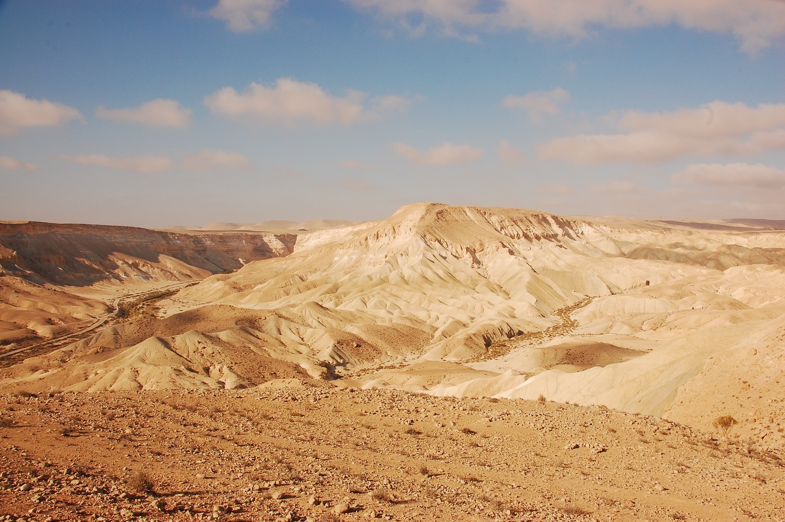 Vista de uma paisagem desértica com algumas colinas (areia, wadi, deserto, geologia, forma de relevo eólico)