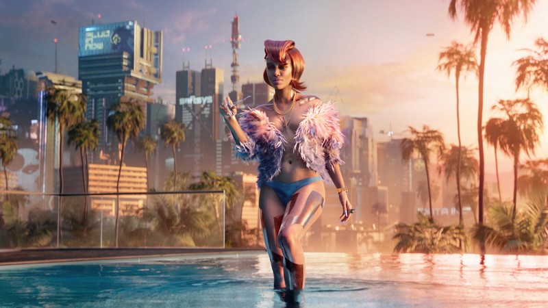 Uma mulher de biquíni e chapéu caminhando em direção a uma piscina (cyberpunk 2077, jogo de vídeo, menina, piscina, cidade)