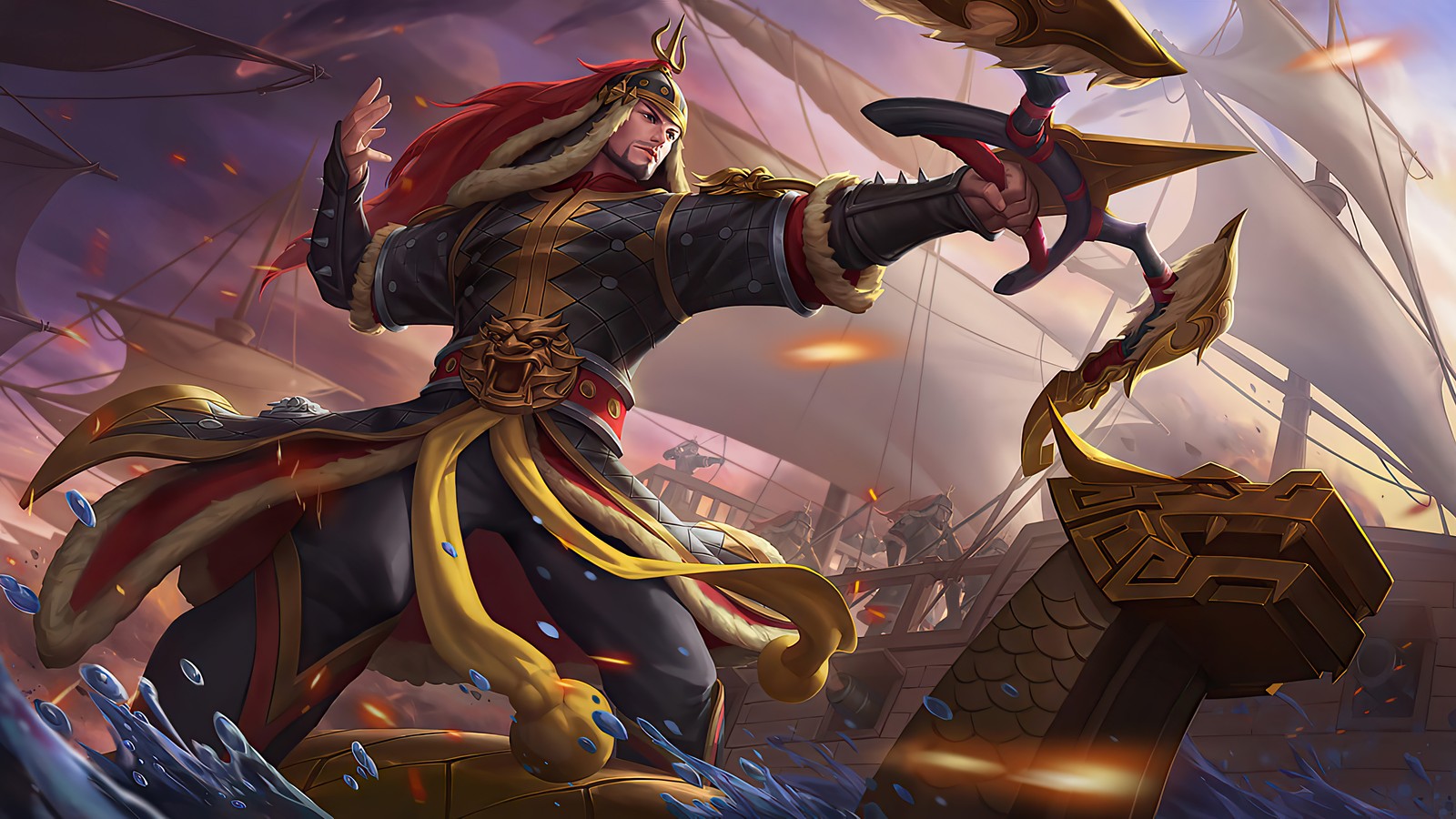 Un hombre disfrazado de pirata sosteniendo una espada y una espada (yi sun shin, major general, piel, mobile legends, bang bang)