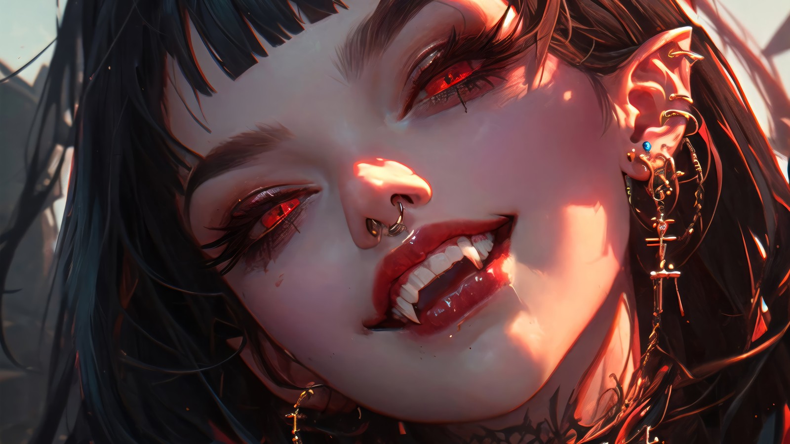 Un primer plano de una mujer con piercings en la cara (vampiro, niñas de anime, fantasía, colmillos, ojos rojos)