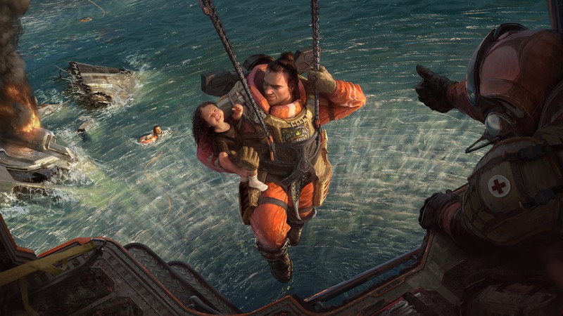 Мужчина в водолазном костюме подвешен над водой (apex legends, видеоигра, гибралтар)