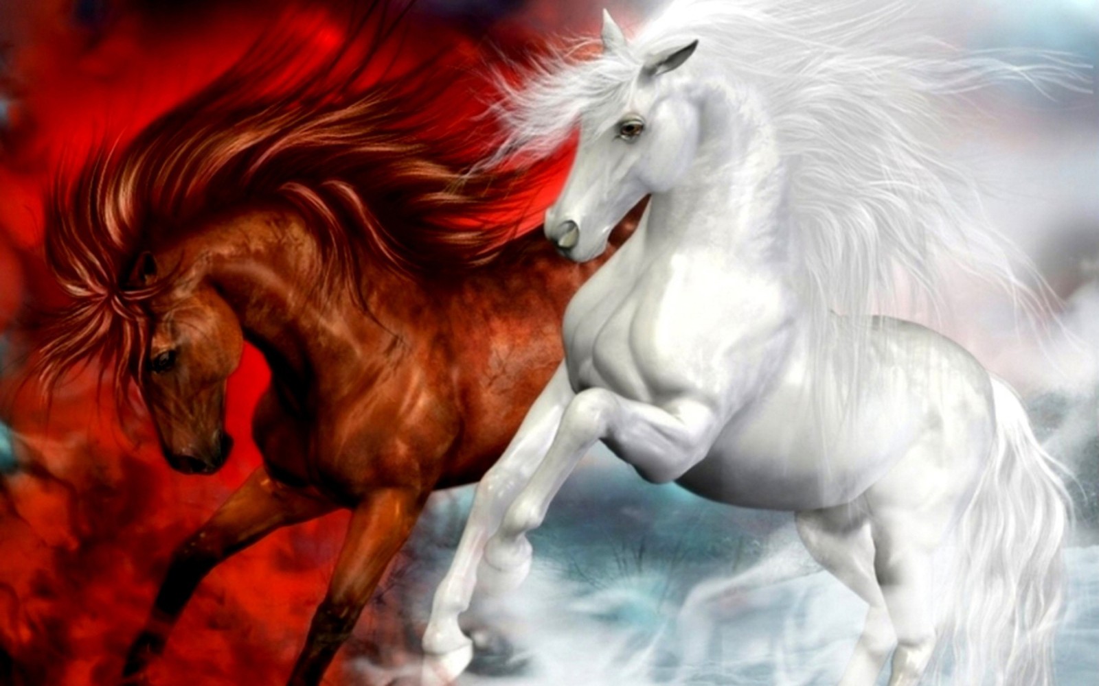 Caballos corriendo en el viento con nubes rojas de fondo (arte, ilustración, pony, pintura, cielo)