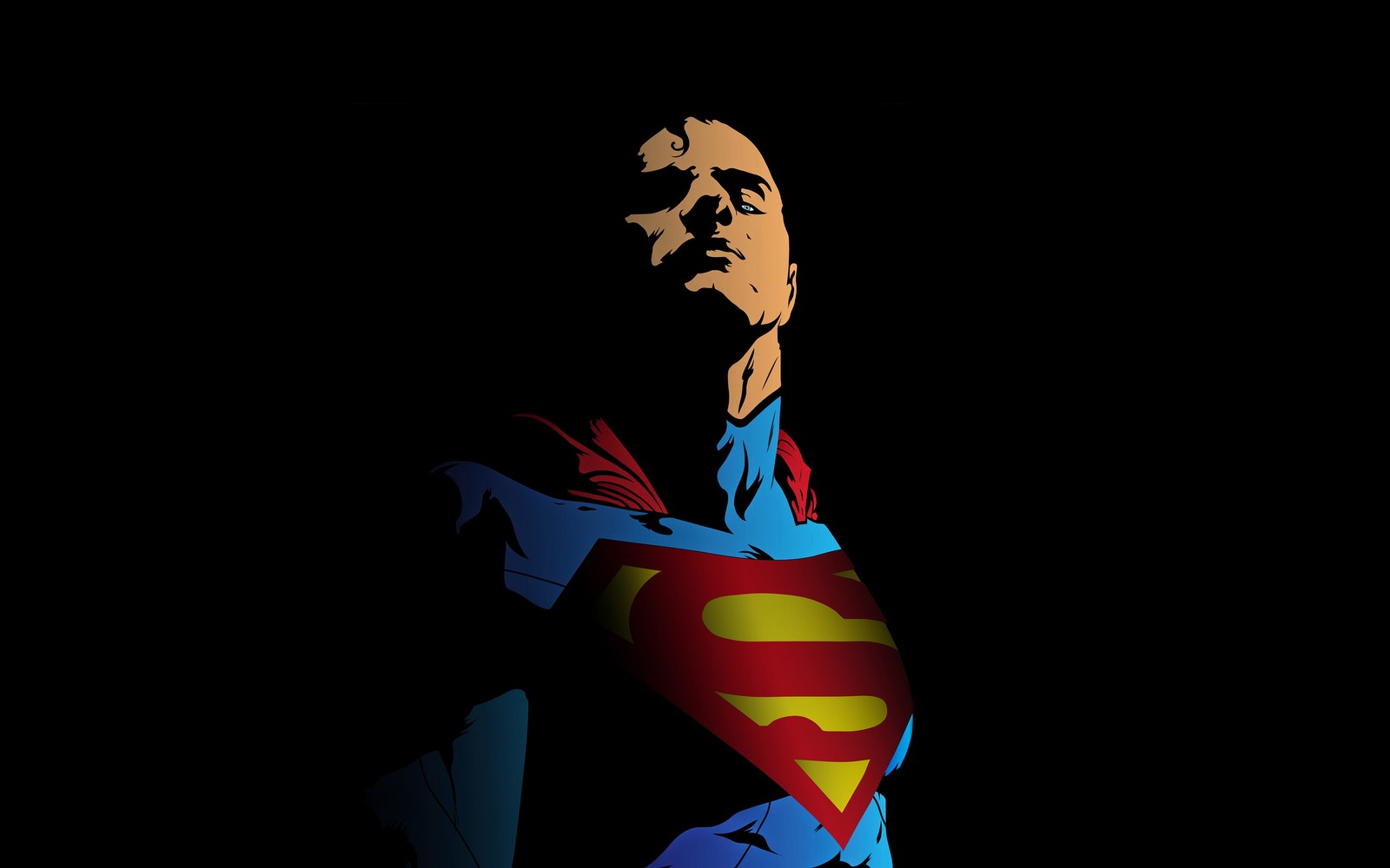 Superman in the dark with a red cape and blue shirt (superman, superhero, art, illustration, graphics)