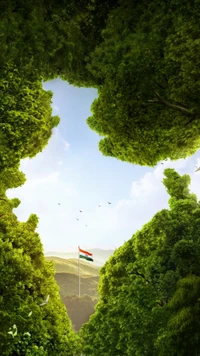 Tranquil Indian Landscape Framed by Lush Greenery with National Flag