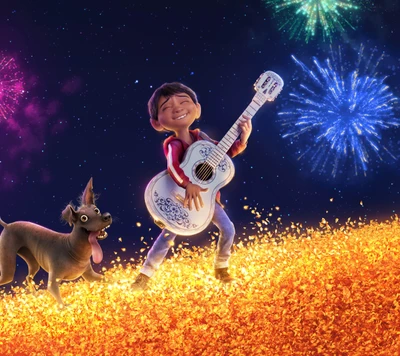 Um menino com uma guitarra celebra alegremente em meio a uma paisagem vibrante de pétalas laranjas, acompanhado por um cachorro brincalhão, sob um céu noturno deslumbrante cheio de fogos de artifício.