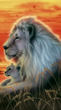 Majestic Father Lion and Cub at Sunset