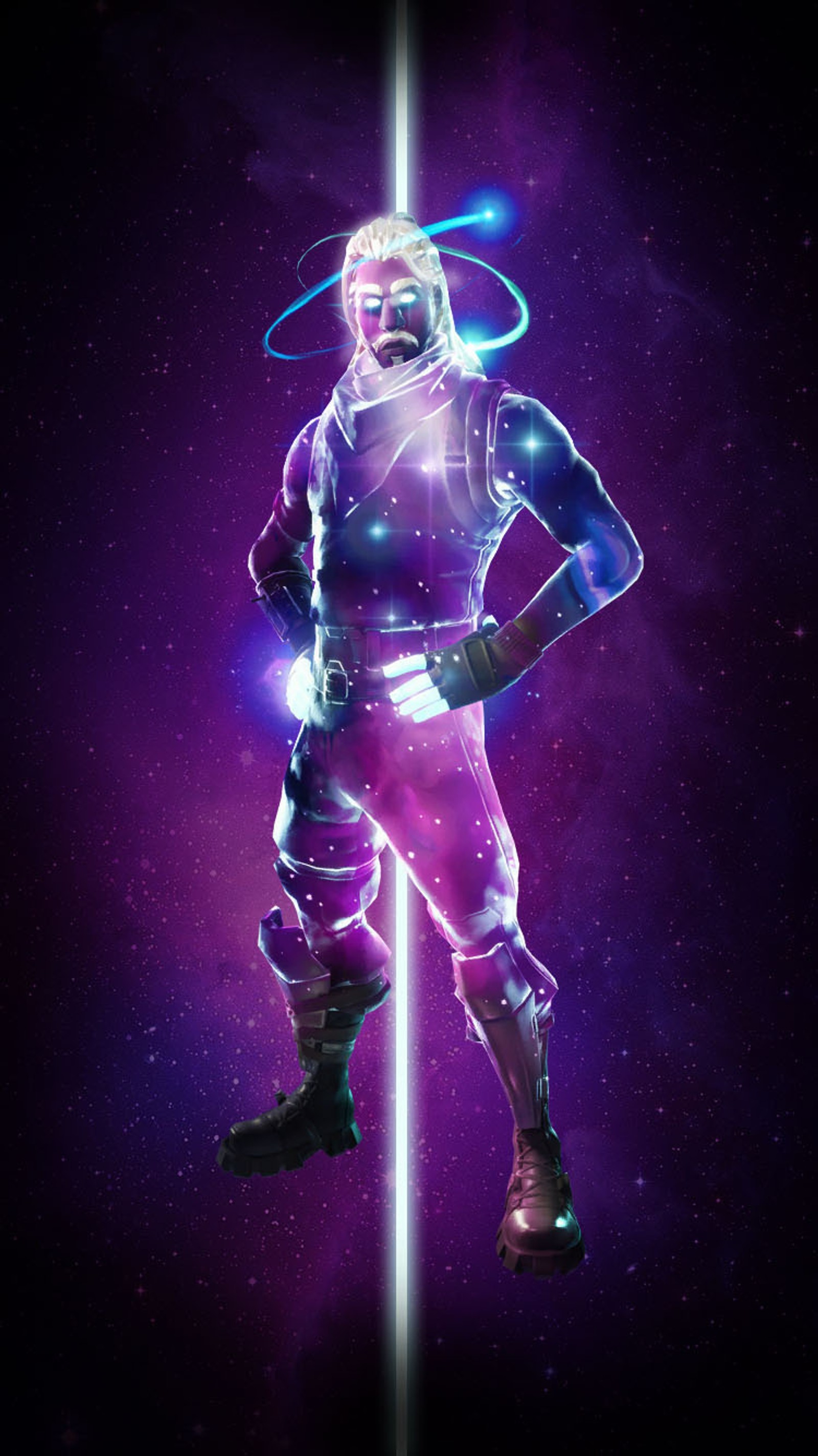 A close up of a person in a space suit with a light beam (fortnite, fortnite background, galaxy skin, galaxy skin fortnite, samsung galaxy skin)