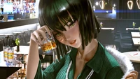 Fubuki de One Punch Man em um bar estiloso, segurando uma bebida elegantemente.