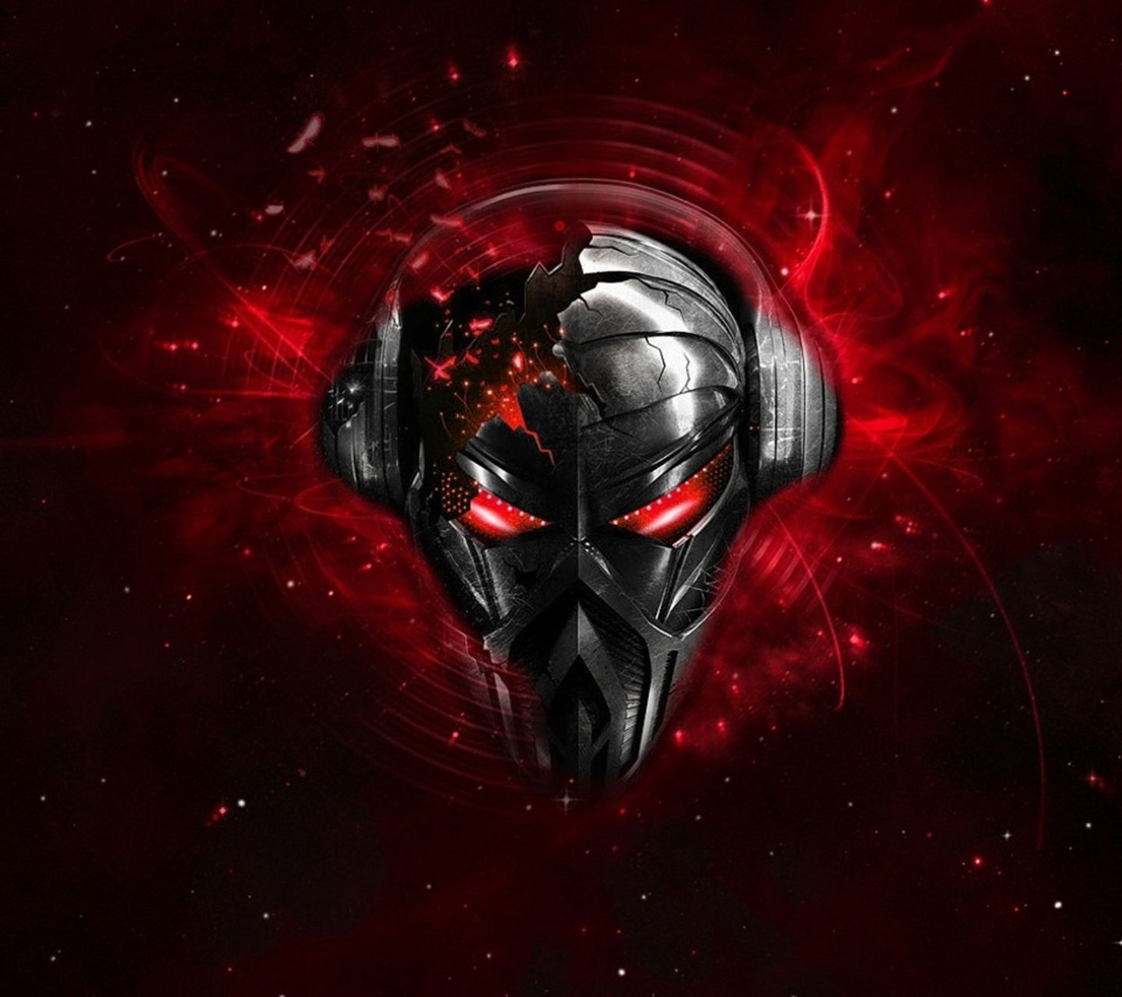 A close up of a red and black alien head with glowing eyes (3d, design, hd, red, robot)