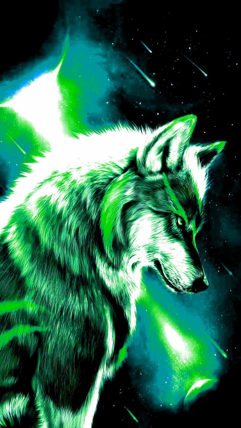 Картина волка с зеленым светом на фоне (яркий, ярко зеленый волк, bright wolf green, зелёный, зеленый волк)