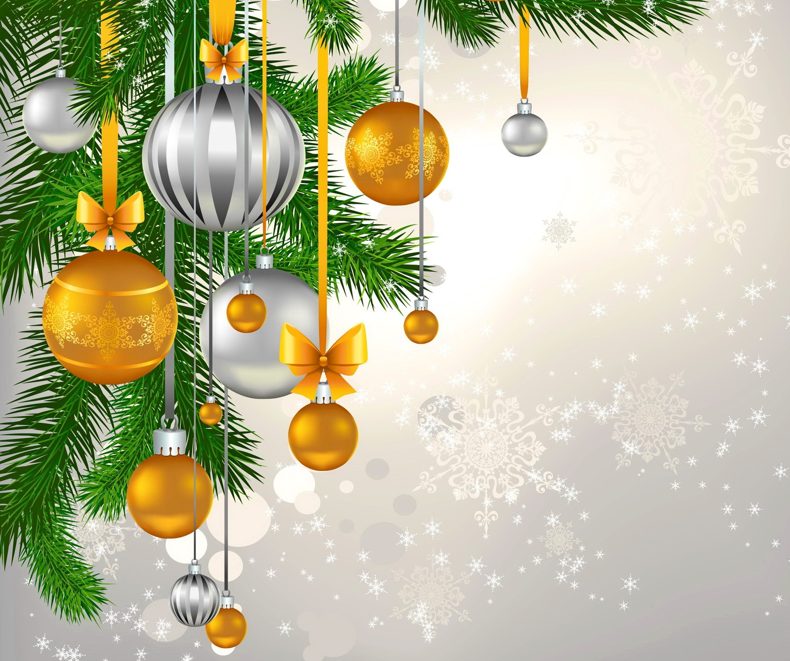 Christmas background with fir branches and balls vector (bauble, baubles, christmas, christmas tree, gold)