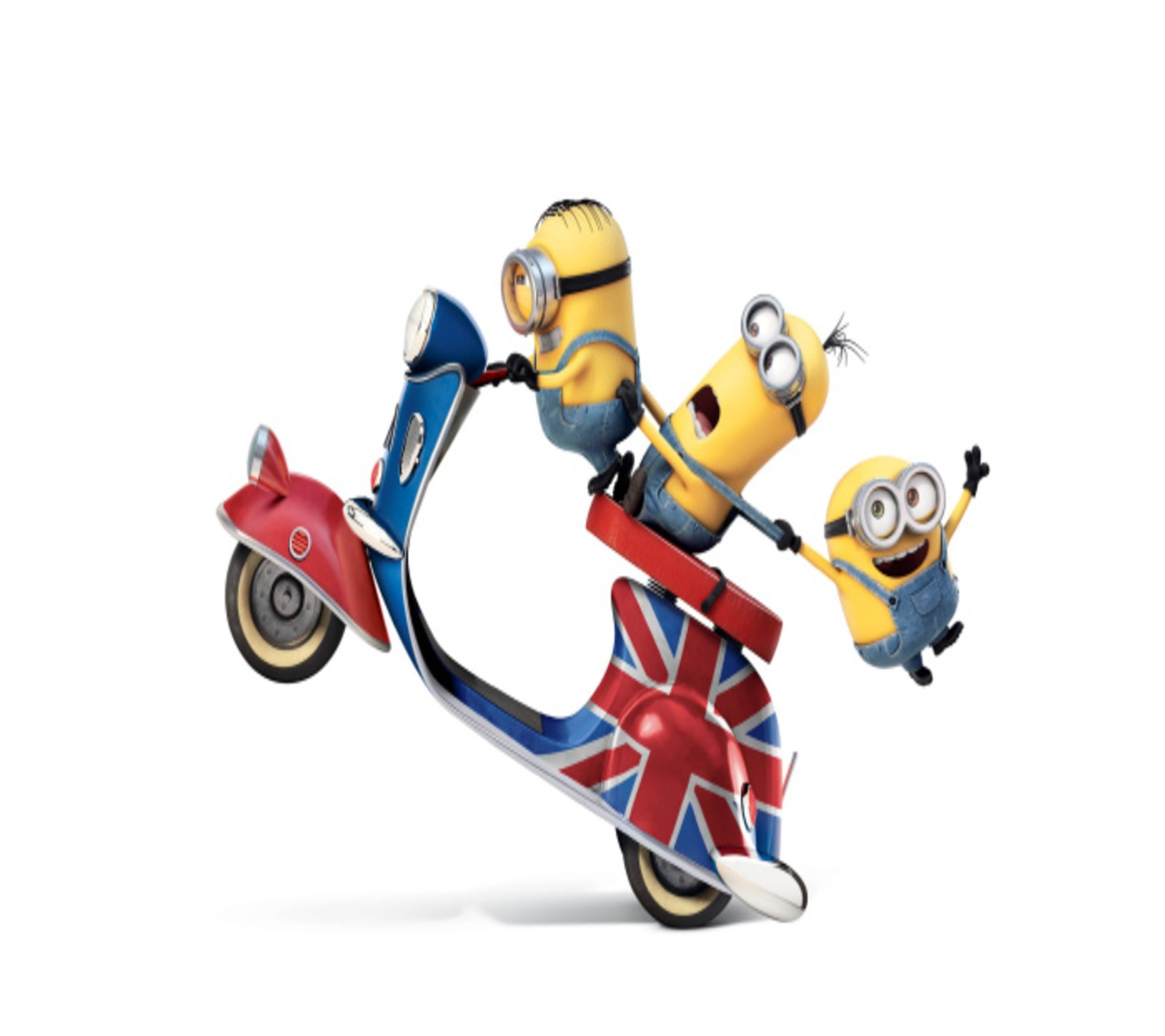 Los minions están montando en un scooter con una bandera británica (dibujos animados, divertido, minions)