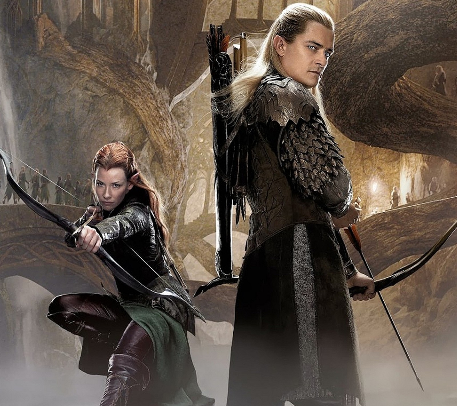 Arafed image of a man and a woman with bows and arrows (elf, hobbit, legolas, lotr, movie)