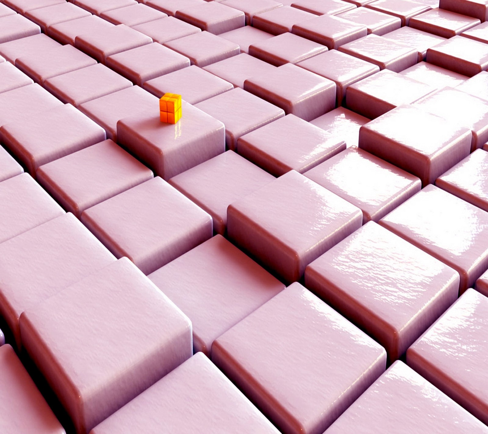 Purple blocks are arranged in a pattern with a yellow object (pink, wallpaper)