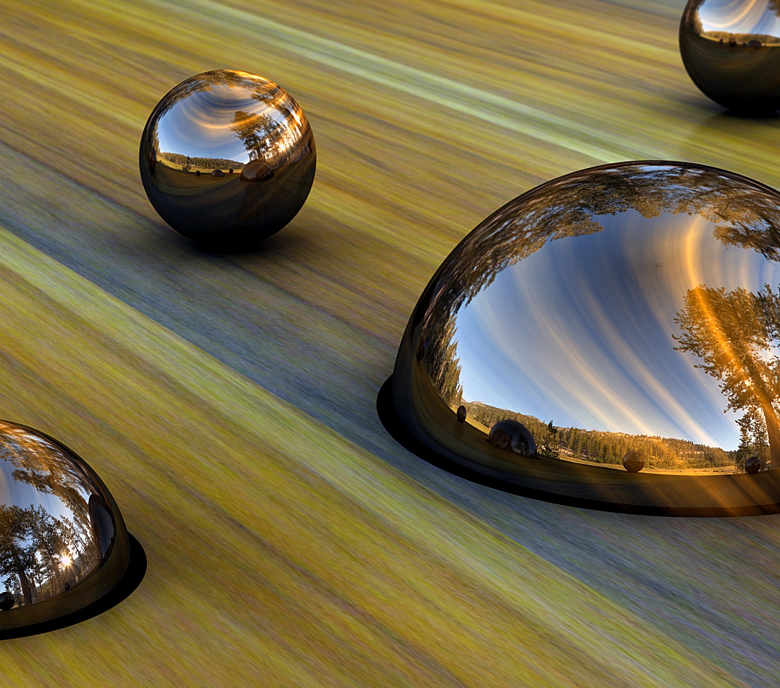 Several shiny spheres are sitting on a wooden surface (eye, tiger)