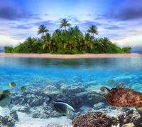 Vibrant Underwater Landscape with Tropical Island, Fish, and Turtle