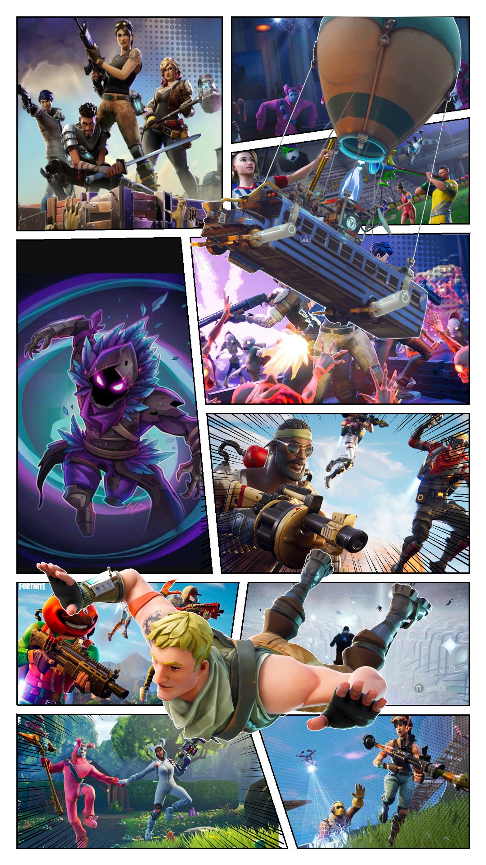 Um monte de imagens de vários personagens (fortnite, quadrinho, manga, battle royale, fortnite battle royale)