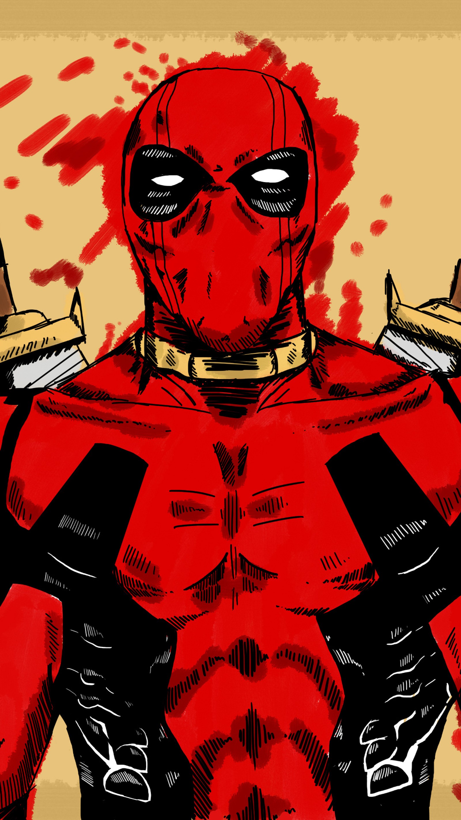 A close up of a deadpool with two knives in his hands (comics, deadpool, marvel)