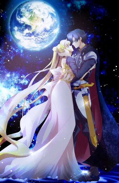 Endymion and Serenity Embrace Beneath a Celestial Moon