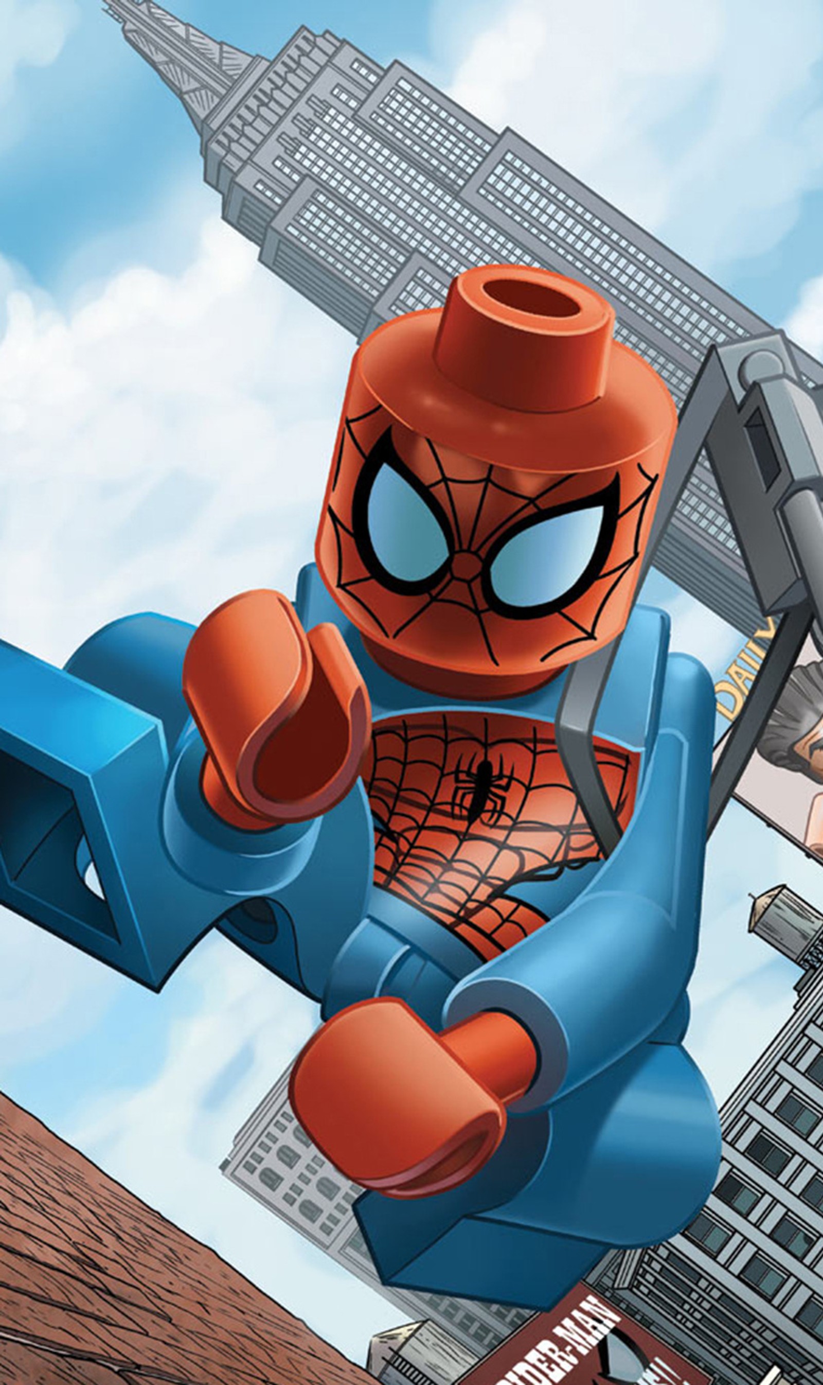 Lego homme-araignée volant au-dessus d'une ville avec un gratte-ciel en arrière-plan (2013, jeu, héros, lego, spiderman)