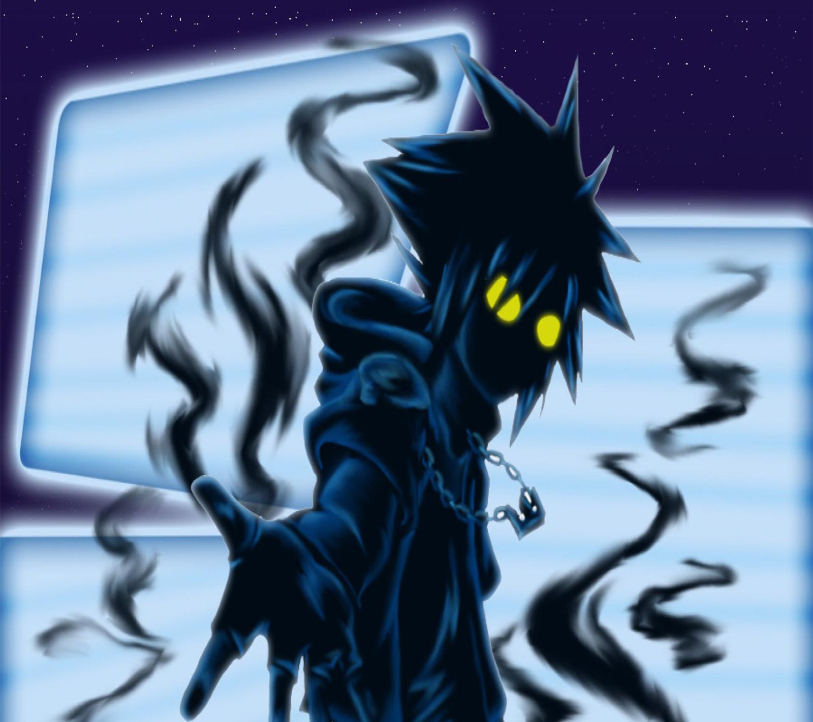 Anime character with yellow eyes and a chain around his neck (games, hearts, kingdom, shadow, sora)