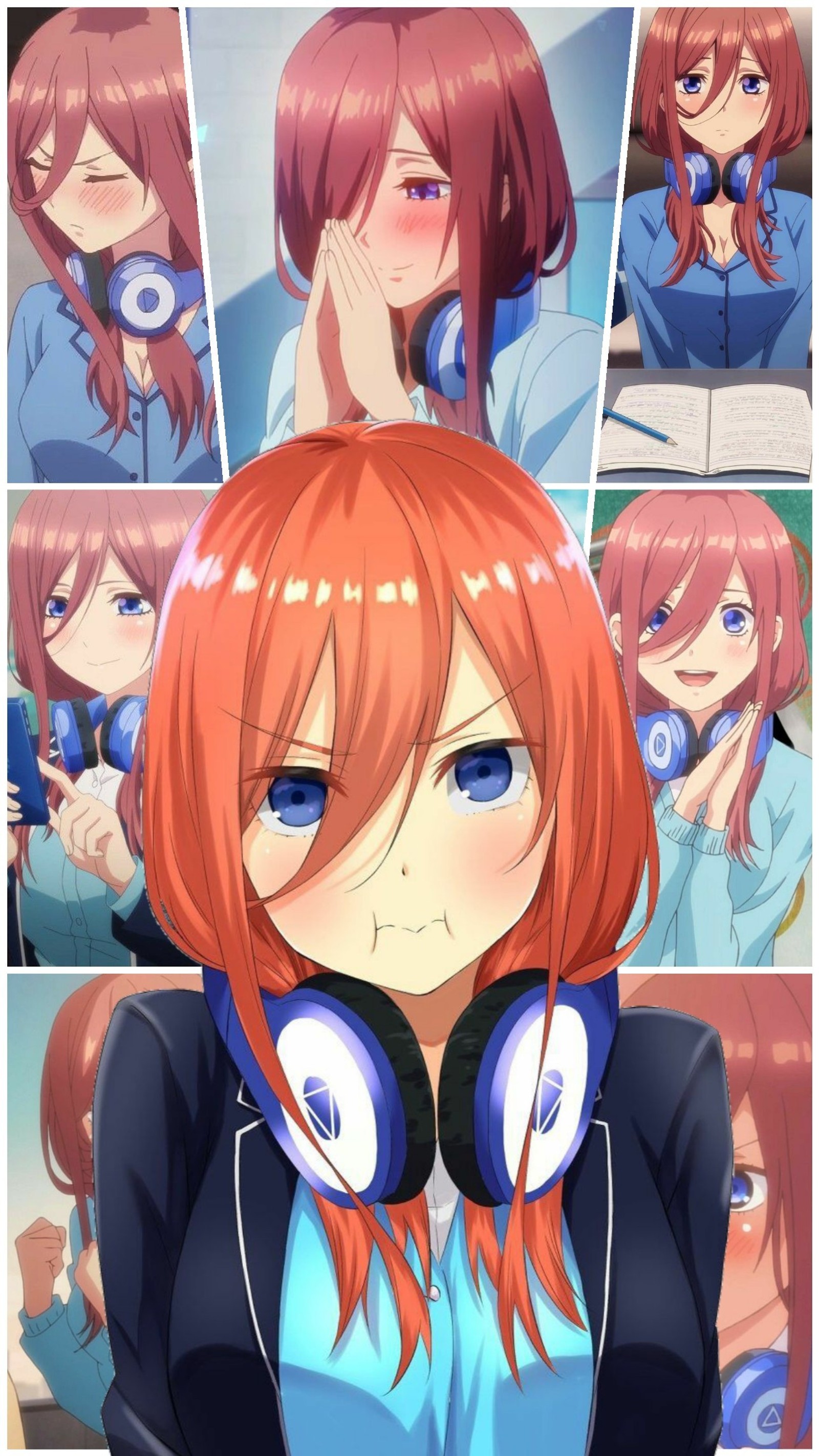 Nahaufnahme einer person mit kopfhörern und einem bild einer person mit kopfhörern (anime, chica anime, niedlich, gotoubun no hanayome, schön)