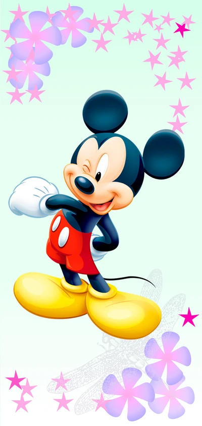 Mickey Mouse alegre rodeado de estrellas y flores coloridas.