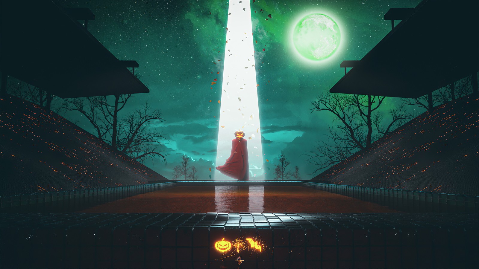 A woman in a red dress standing in front of a tall tower (green, light, tree, graphics, space)