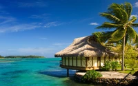 Tropical bungalow by the serene lagoon, framed by swaying palm trees and a vibrant blue sky.