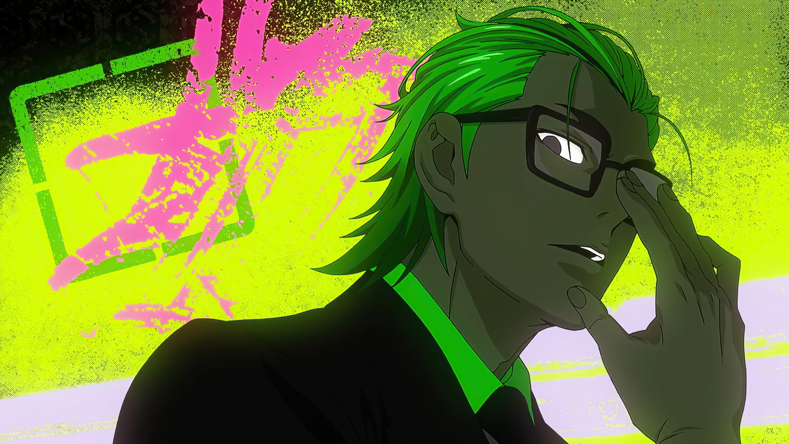 Hombre de anime con cabello verde y gafas hablando por teléfono celular (dios de la escuela secundaria, god of high school, goh, anime, judge q)