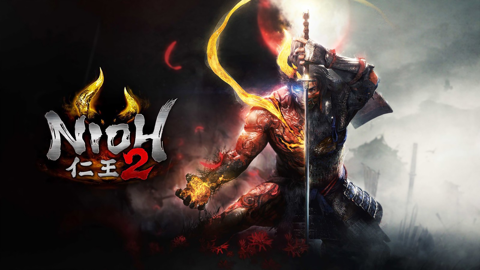 Мужчина с мечом стоит на фоне темного фона (nioh 2, видеоигра, самурай, катана, меч)