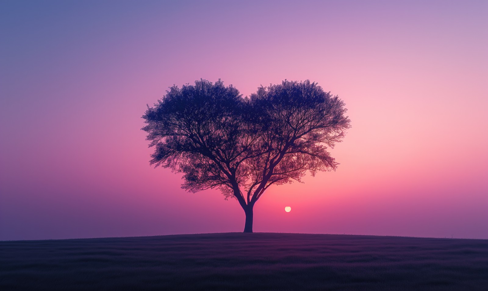 Descargar fondo de pantalla corazón de amor, árbol, atardecer, estética, paisaje