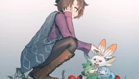 Un entrenador de Pokémon interactuando con Scorbunny, Grookey y Sobble