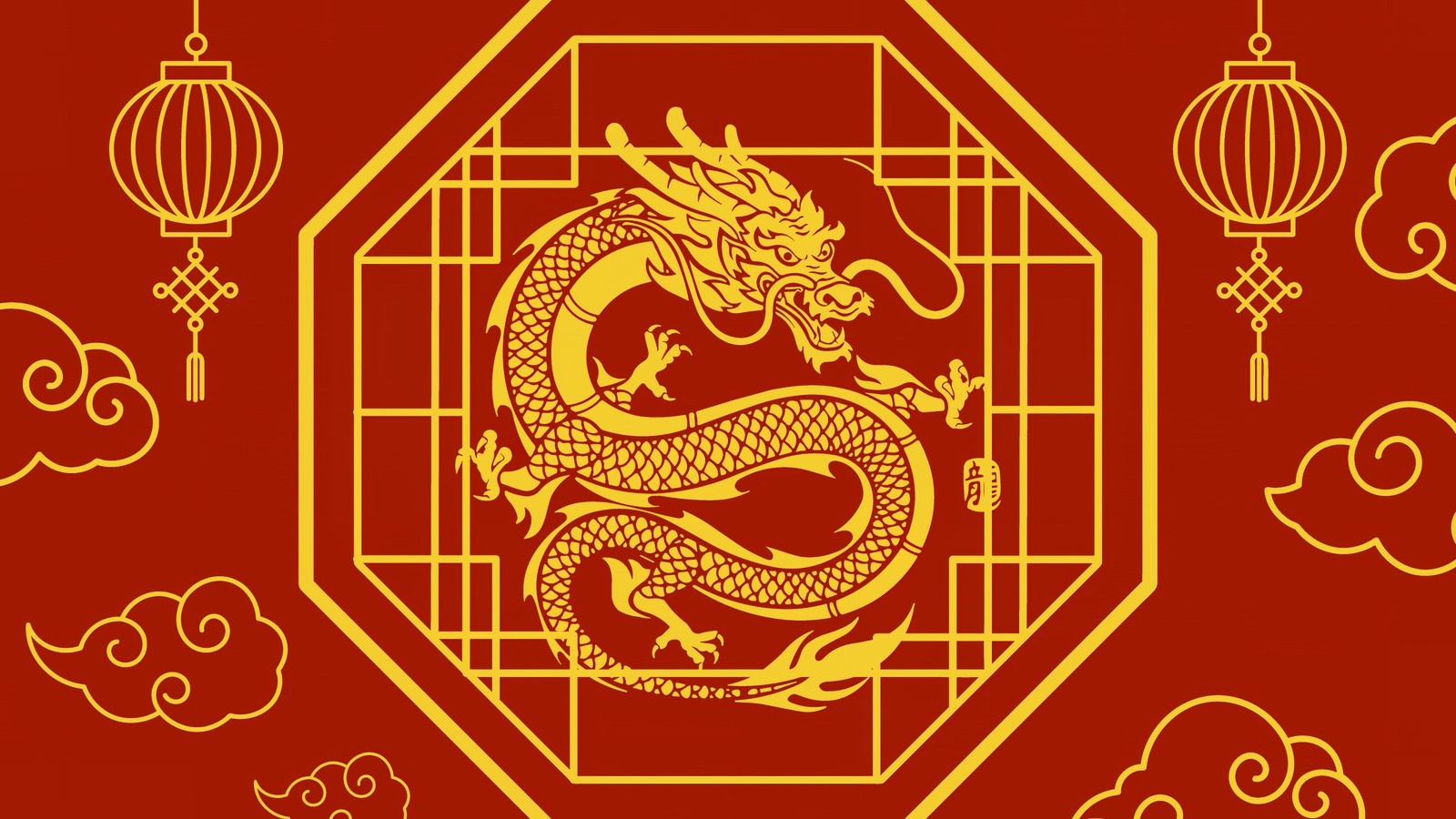 Ein chinesischer drache mit rotem hintergrund und gelben wolken (chinesisches neujahr, jahr des drachen, illustration, roter hintergrund, feiern)