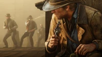 Intense standoff in a smoky, open-world showdown from Red Dead Redemption 2.