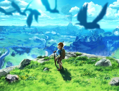 Link mirando sobre Hyrule - La leyenda de Zelda: Aliento de lo salvaje fondo de pantalla 4K