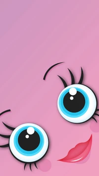 Cute cartoon eyes with bright blue irises and long eyelashes against a pink background.