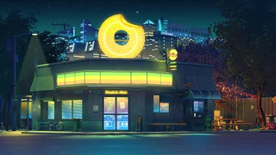 night, city, donut, shop, digital art