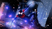 Miles Morales en acción dinámica, mostrando energía vibrante y un fondo urbano futurista, inspirado en "Spider-Verse".