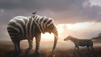 Surreal Savanna: A Zebra-Striped Elephant and Companion in a Dreamlike Landscape