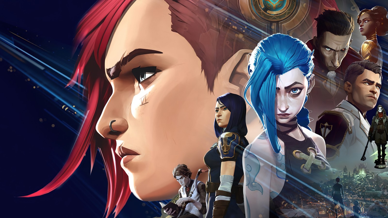 A close up of a woman with red hair and blue hair (arcane series, tv series, vi, jinx, league of legends)