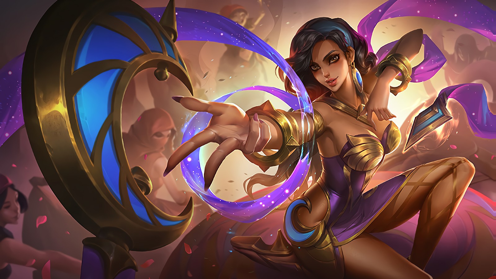 Une femme en tenue violette tenant une épée et une bague violette (émeraude, mobile legends, jeu vidéo)