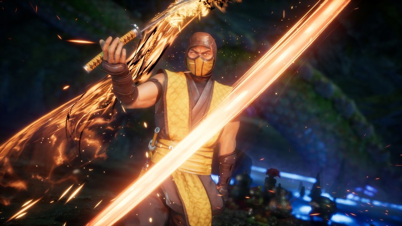 Мужчина в желтом наряде держит меч в темном лесу (скорпион, катана, mortal kombat 11, видеоигра)