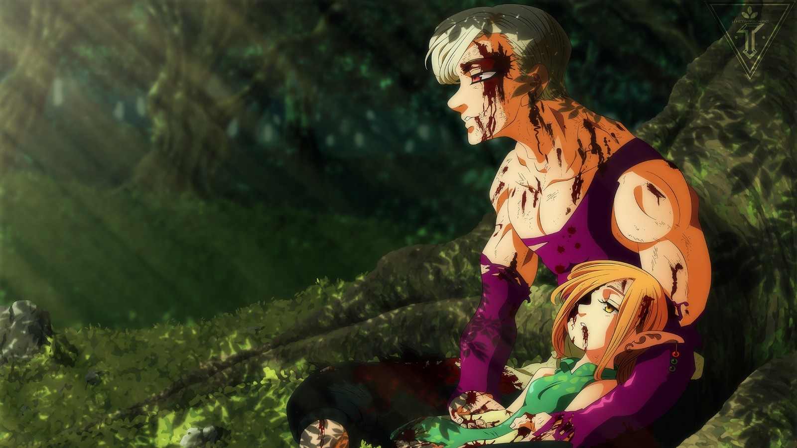 Un hombre y una mujer sentados sobre una roca en el bosque (prohibición, elaine, nanatsu no taizai, los siete pecados capitales, the seven deadly sins)