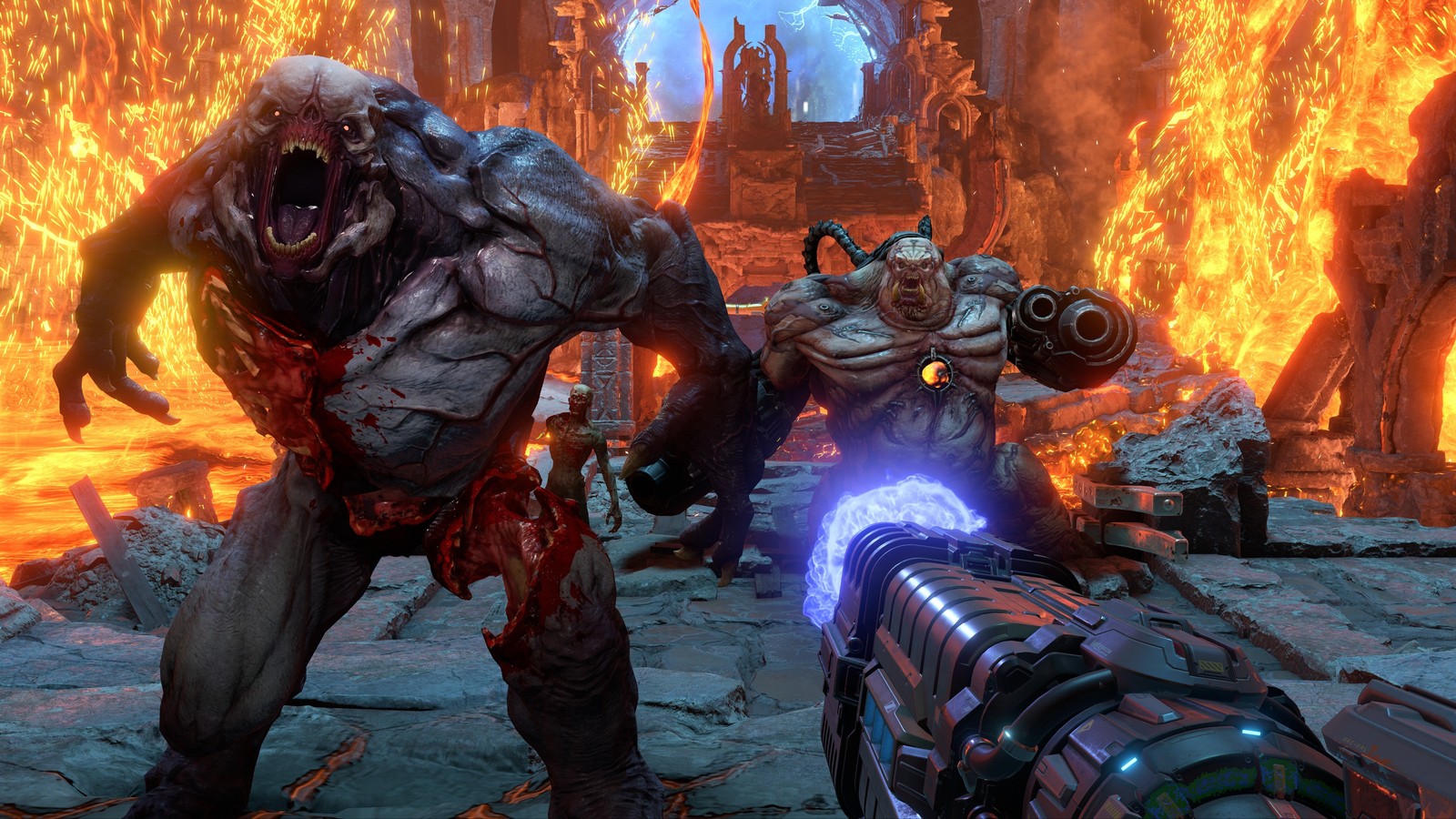 Uma captura de tela de um grupo de zumbis em uma cidade em ruínas (doom eternal, jogo de vídeo, monstro)