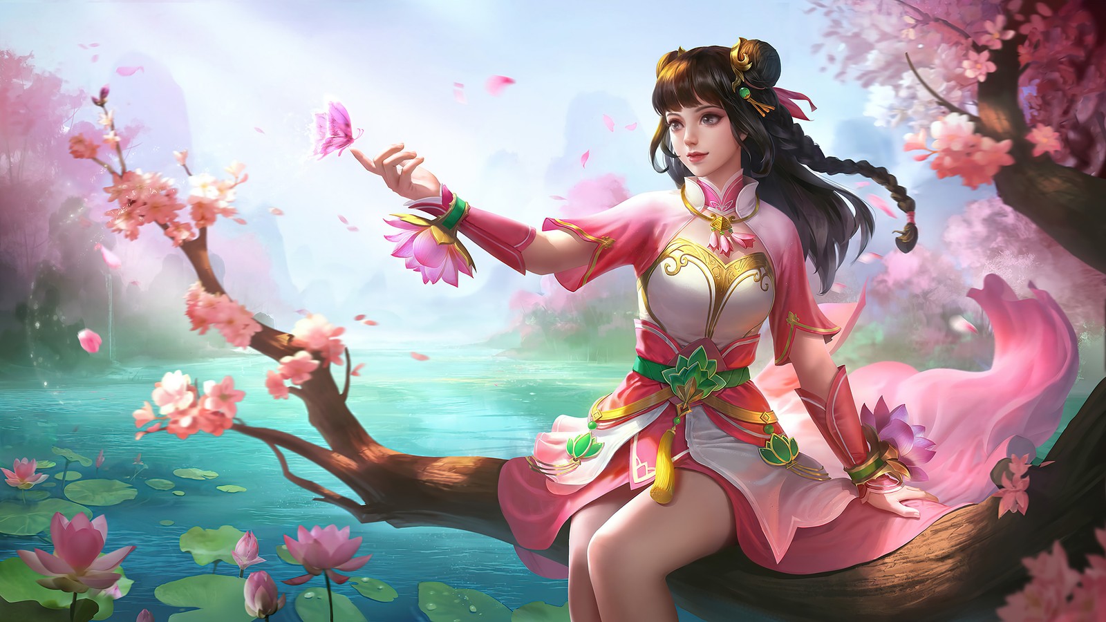 Una mujer con un vestido rosa sentada en una rama de árbol (ginebra, loto, ml, piel, mobile legends)