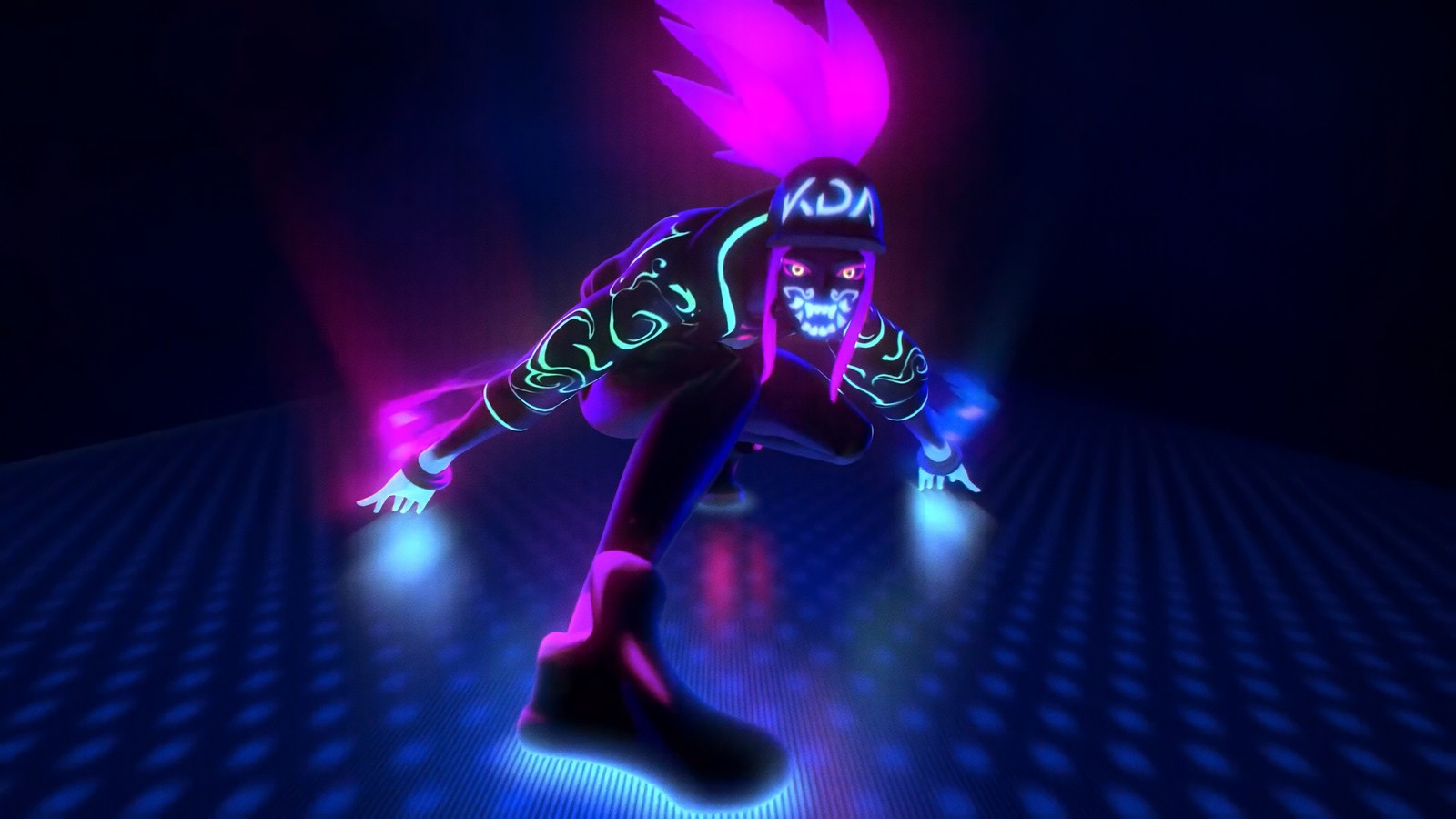 Eine person in einem neonfarbenen outfit fährt auf einer blauen fläche skateboard (kda, akali, league of legends, lol, videospiel)