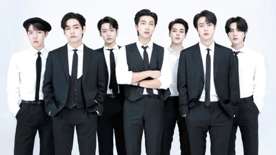 Membros do BTS em trajes elegantes em preto e branco no Festa 2022