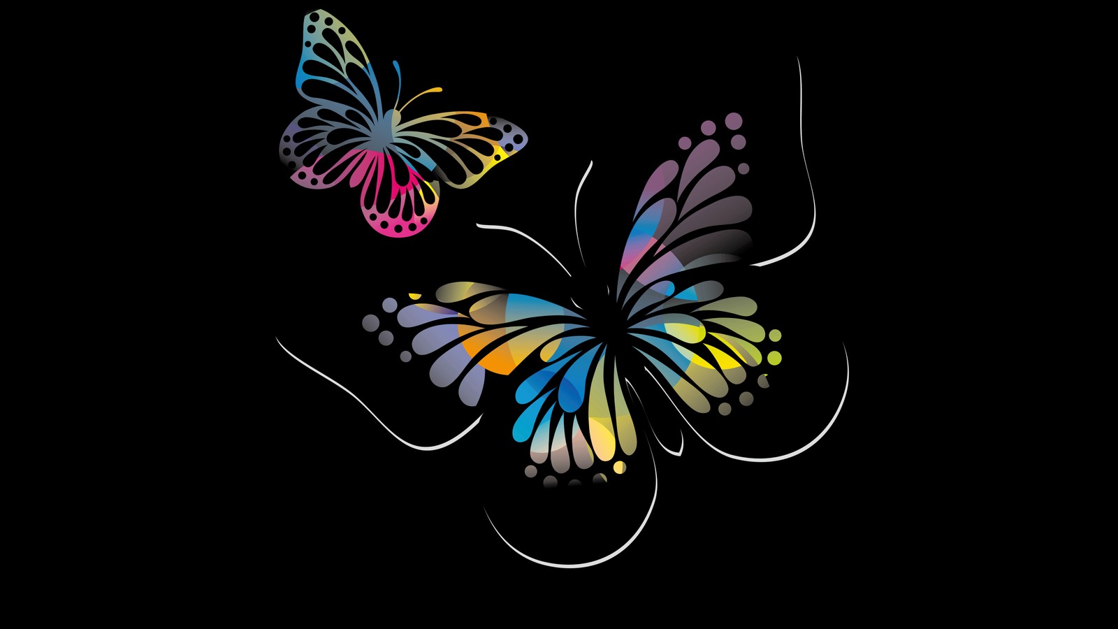 Butterflies with colorful wings on a black background (design, vector graphics, graphics, fractal art, pollinator)