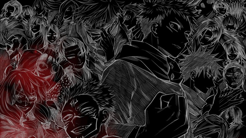 Рисунок группы зомби, стоящих в поле (jujutsu kaisen, аниме, anime, сражение магов, 呪術廻戦)